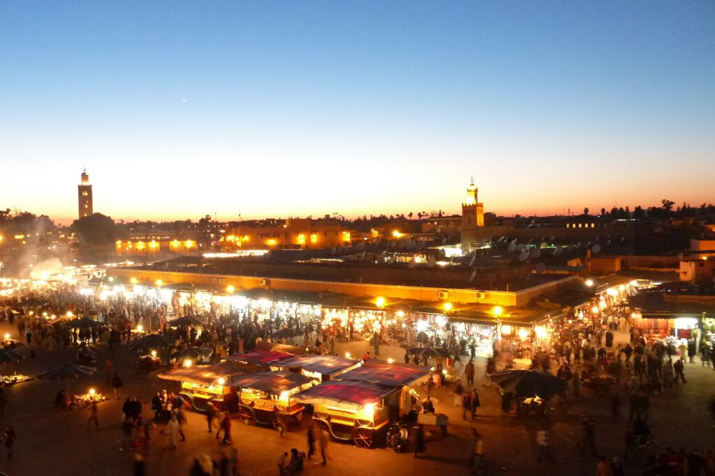 Night scene with many stalls at Marrakech Night Market