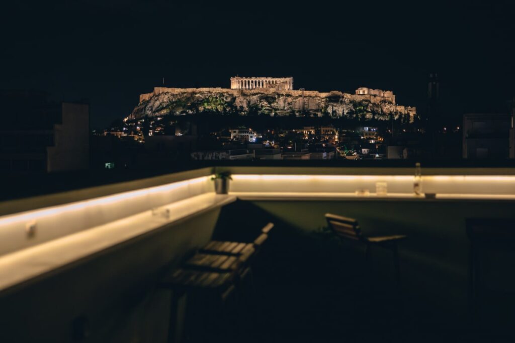 Outdoor Dining with a View at Olympias Athinas Rooftop Bar, Athens