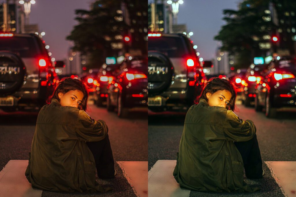 Girl Sitting on Road at Night